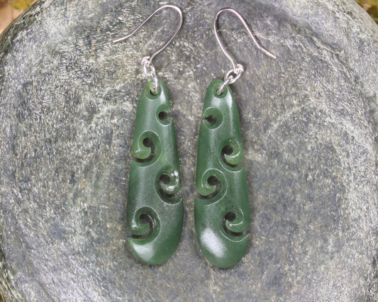 Roimata with Koru earrings carved from Hapopo Pounamu - NZ Greenstone
