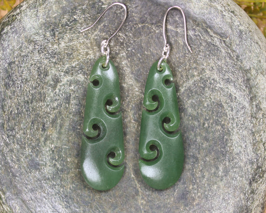Roimata with Koru earrings carved from Hapopo Pounamu - NZ Greenstone