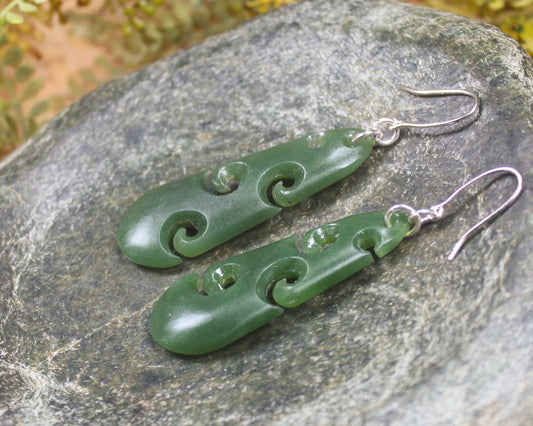 Roimata with Koru earrings carved from Hapopo Pounamu - NZ Greenstone