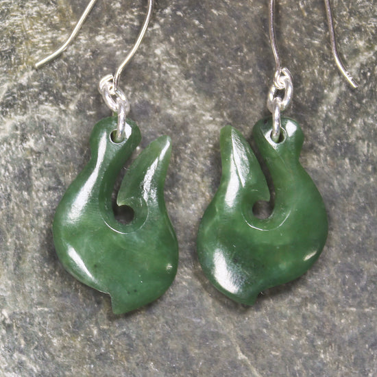 Matau or Fish Hook Earrings carved from Hapopo Pounamu - NZ Greenstone