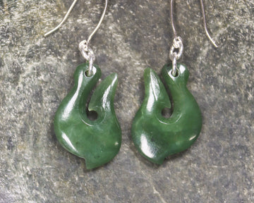 Matau or Fish Hook Earrings carved from Hapopo Pounamu - NZ Greenstone