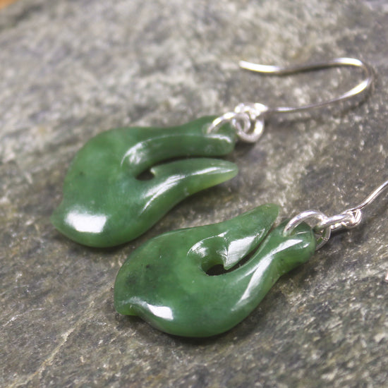 Matau or Fish Hook Earrings carved from Hapopo Pounamu - NZ Greenstone