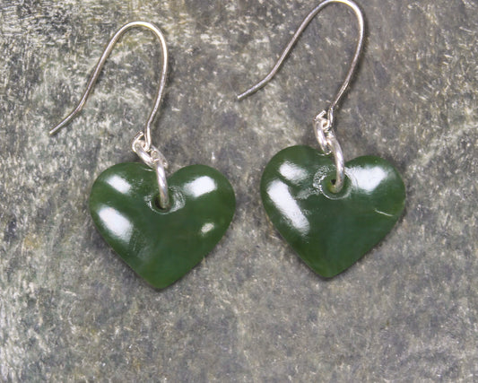 Heart Earrings carved from Kawakawa Pounamu - NZ Greenstone