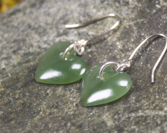 Heart Earrings carved from Hapopo Pounamu - NZ Greenstone