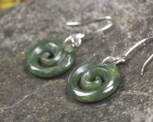 NZ Greenstone Koru Earrings (BM277) Hapopo Pounamu