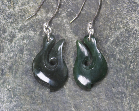 Matau or Fish Hook Earrings carved from Kawakawa Pounamu - NZ Greenstone