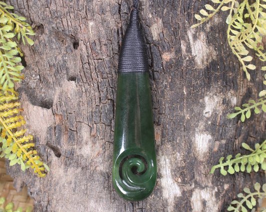 Roimata or Teardop with Koru carved from Kawakawa Pounamu - NZ Greenstone