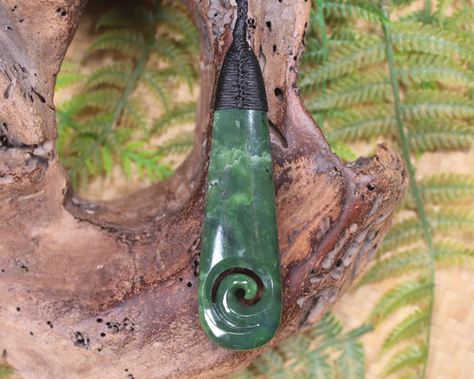 Roimata or Teardop with Koru carved from Kawakawa Pounamu - NZ Greenstone