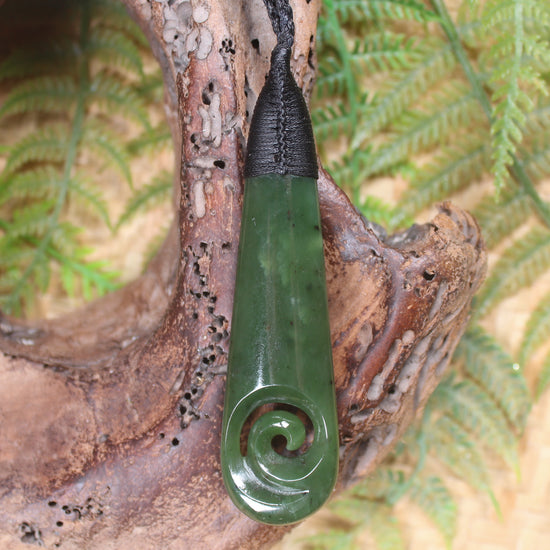 Roimata or Teardop with Koru carved from Kawakawa Pounamu - NZ Greenstone