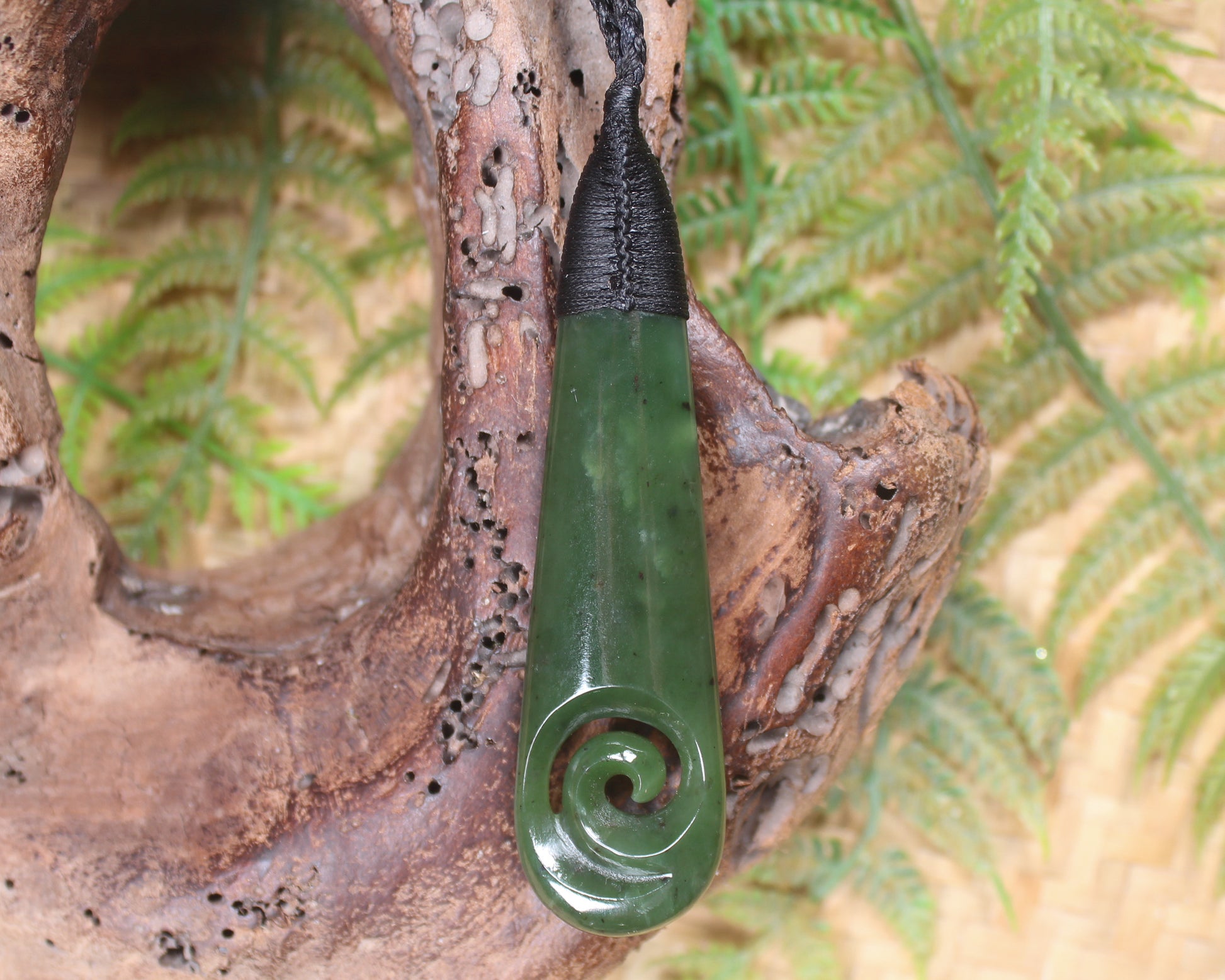 Roimata or Teardop with Koru carved from Kawakawa Pounamu - NZ Greenstone