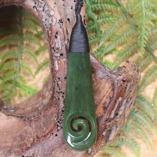 Roimata or Teardop with Koru carved from Kawakawa Pounamu - NZ Greenstone