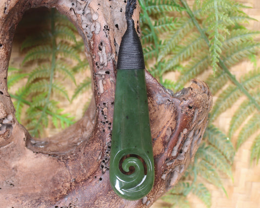 Roimata or Teardop with Koru carved from Kawakawa Pounamu - NZ Greenstone