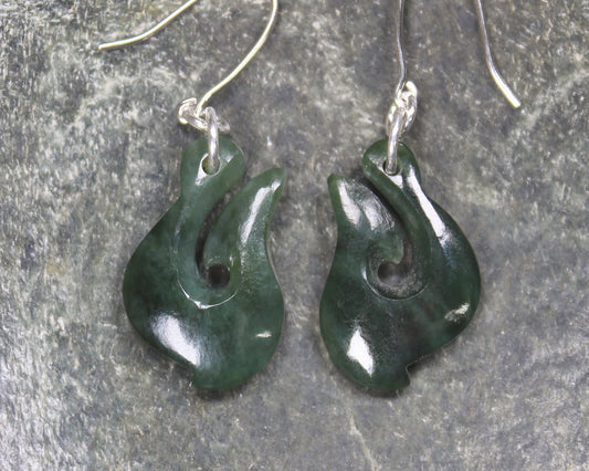 Matau or Fish Hook Earrings carved from Kawakawa Pounamu - NZ Greenstone