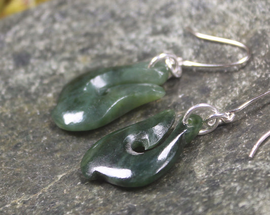 Matau or Fish Hook Earrings carved from Kawakawa Pounamu - NZ Greenstone