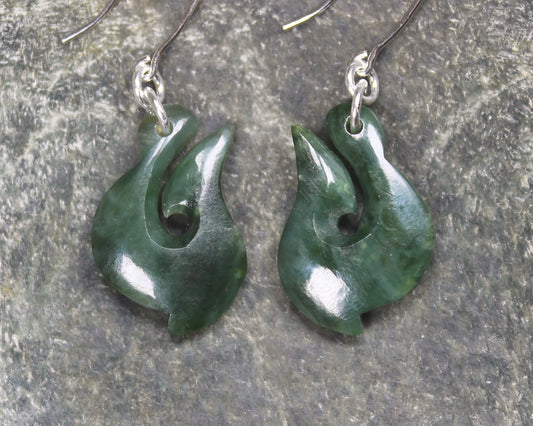 Matau or Fish Hook Earrings carved from Kawakawa Pounamu - NZ Greenstone