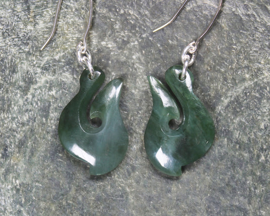 Matau or Fish Hook Earrings carved from Kawakawa Pounamu - NZ Greenstone