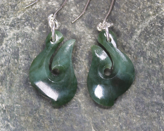 Matau or Fish Hook Earrings carved from Kawakawa Pounamu - NZ Greenstone