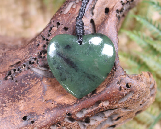 Heart with Koru carved from Hapopo Pounamu - NZ Greenstone