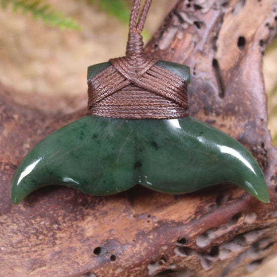 Whale Tail Pendant carved from Kawakawa Pounamu - NZ Greenstone
