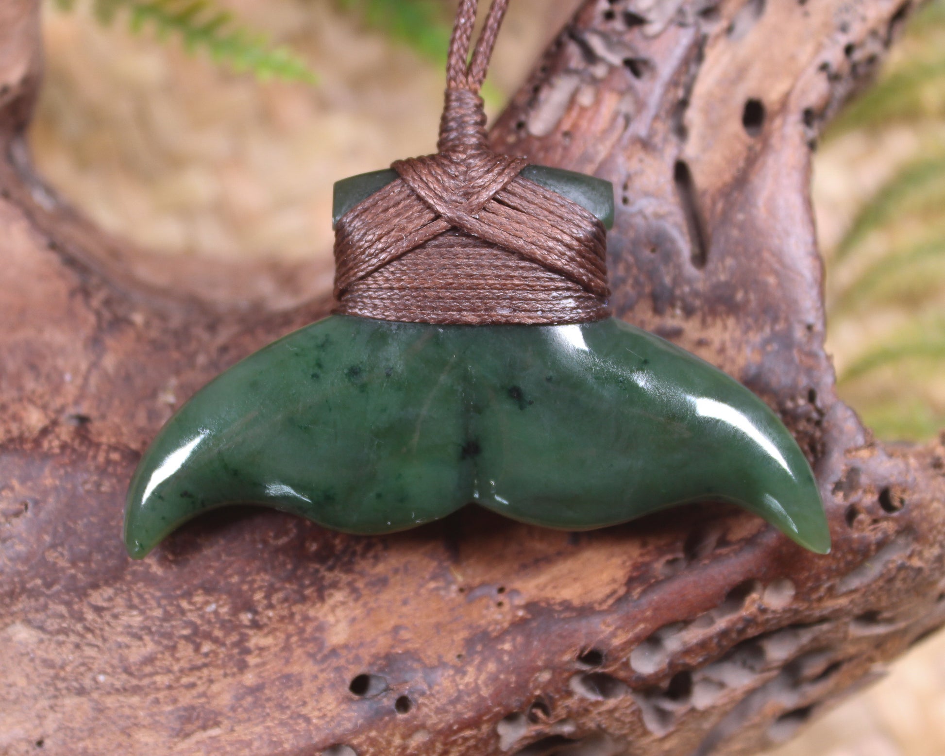 Whale Tail Pendant carved from Kawakawa Pounamu - NZ Greenstone