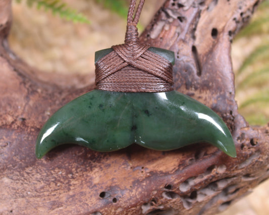 Whale Tail Pendant carved from Kawakawa Pounamu - NZ Greenstone