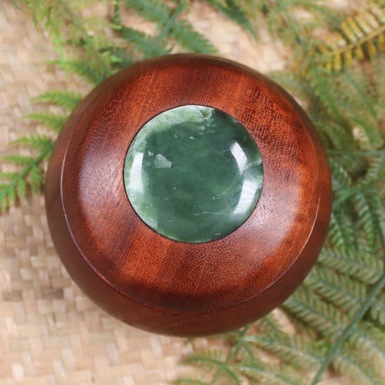 Wooden container with Inanga 
Pounamu set into lid - NZ Greenstone