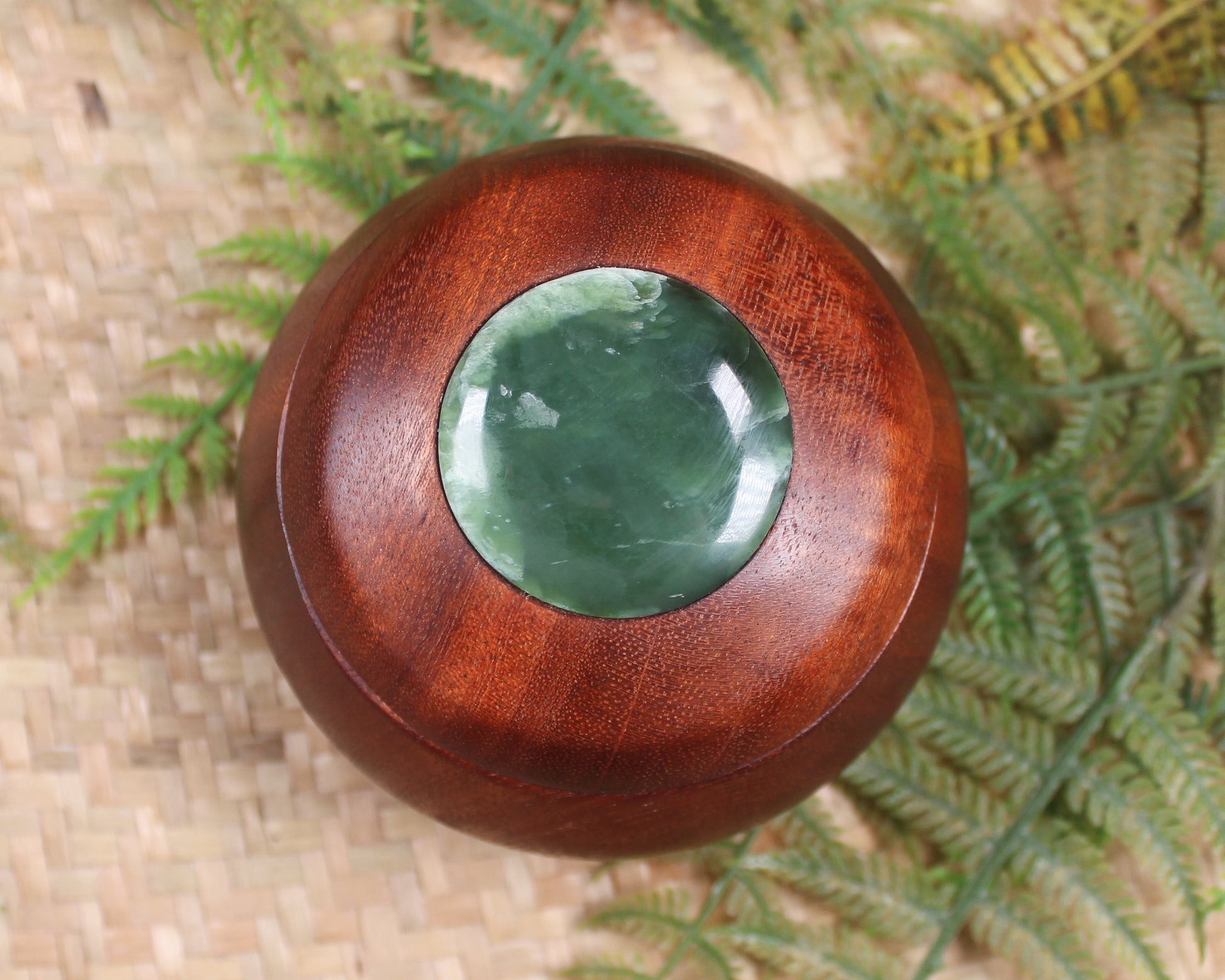 Wooden container with Inanga 
Pounamu set into lid - NZ Greenstone