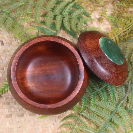 Wooden container with Inanga 
Pounamu set into lid - NZ Greenstone