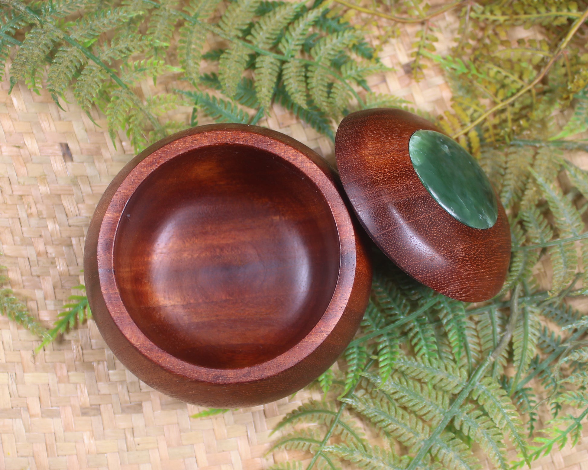 Wooden container with Inanga 
Pounamu set into lid - NZ Greenstone