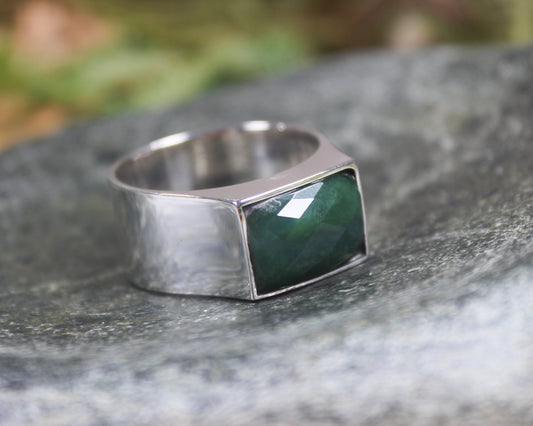 Sterling Silver Kawakawa Pounamu Ring - NZ Greenstone