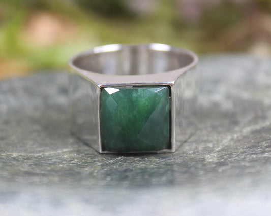 Sterling Silver Kawakawa Pounamu Ring - NZ Greenstone