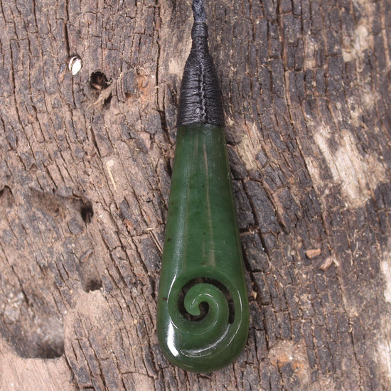 Roimata or Teardop with Koru carved from Kawakawa Pounamu - NZ Greenstone