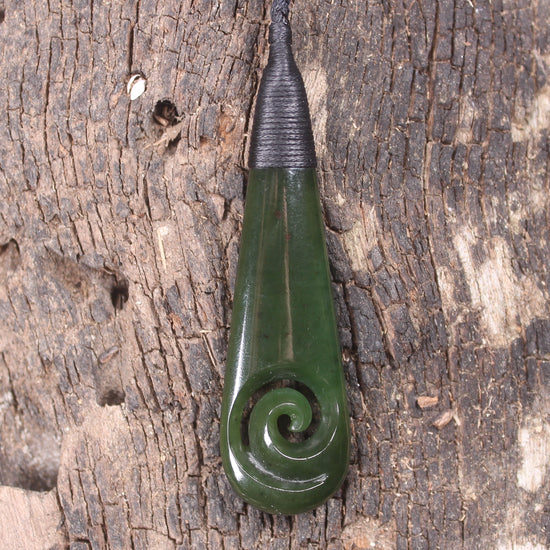 Roimata or Teardop with Koru carved from Kawakawa Pounamu - NZ Greenstone