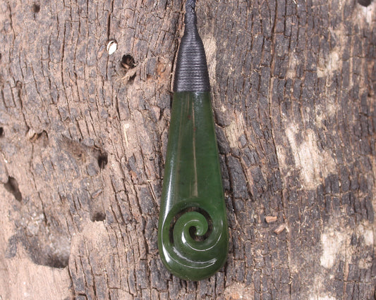 Roimata or Teardop with Koru carved from Kawakawa Pounamu - NZ Greenstone
