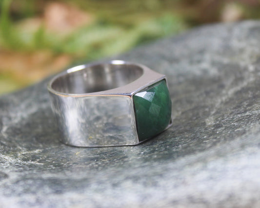 Sterling Silver Kawakawa Pounamu Ring - NZ Greenstone