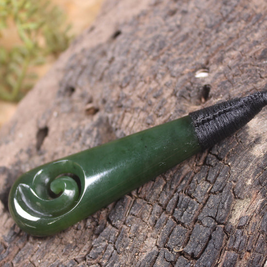 Roimata or Teardop with Koru carved from Kawakawa Pounamu - NZ Greenstone