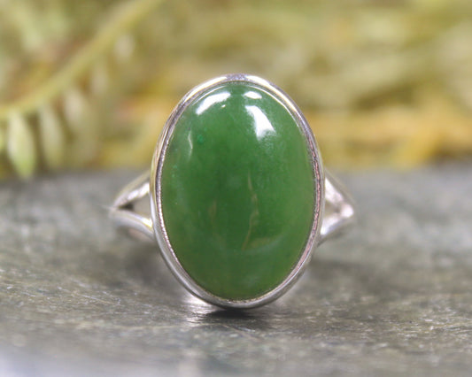 NZ Greenstone Sterling Silver Ring S8 (BM232) Hapopo Pounamu