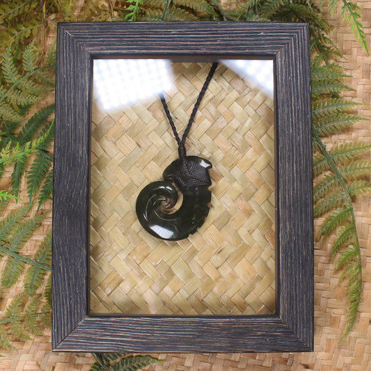 Framed Rimu Pounamu Matau - NZ Greenstone