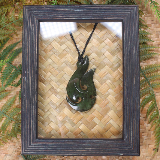 Framed Rimu Pounamu Matau - NZ Greenstone