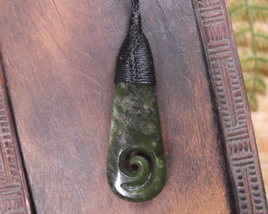 Roimata or Teardop with Koru carved from Rimu Pounamu - NZ Greenstone