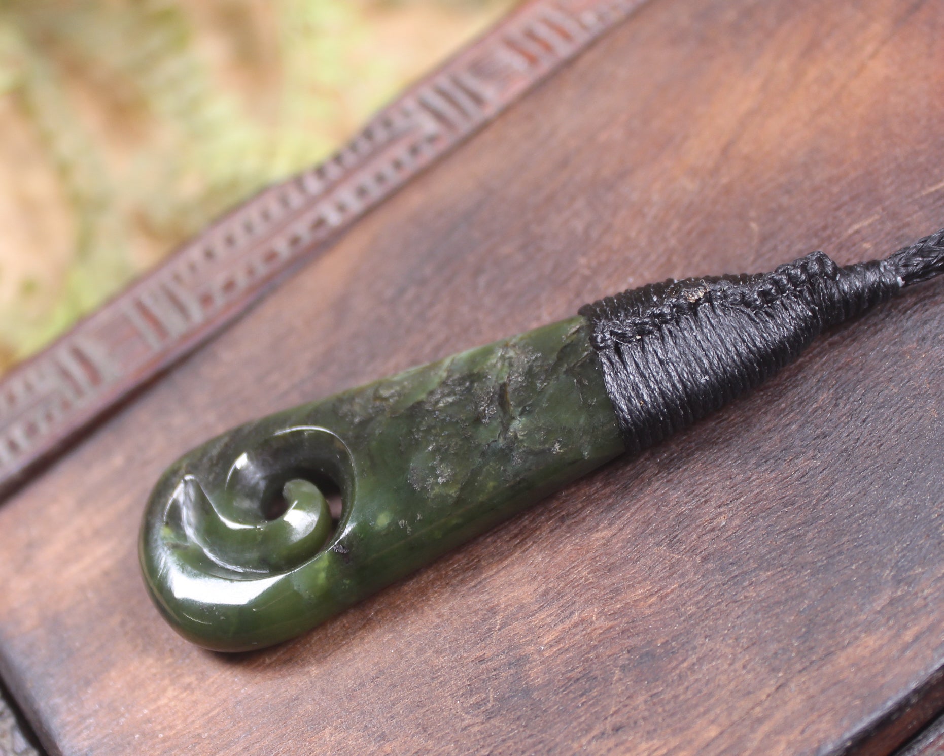 Roimata or Teardop with Koru carved from Rimu Pounamu - NZ Greenstone