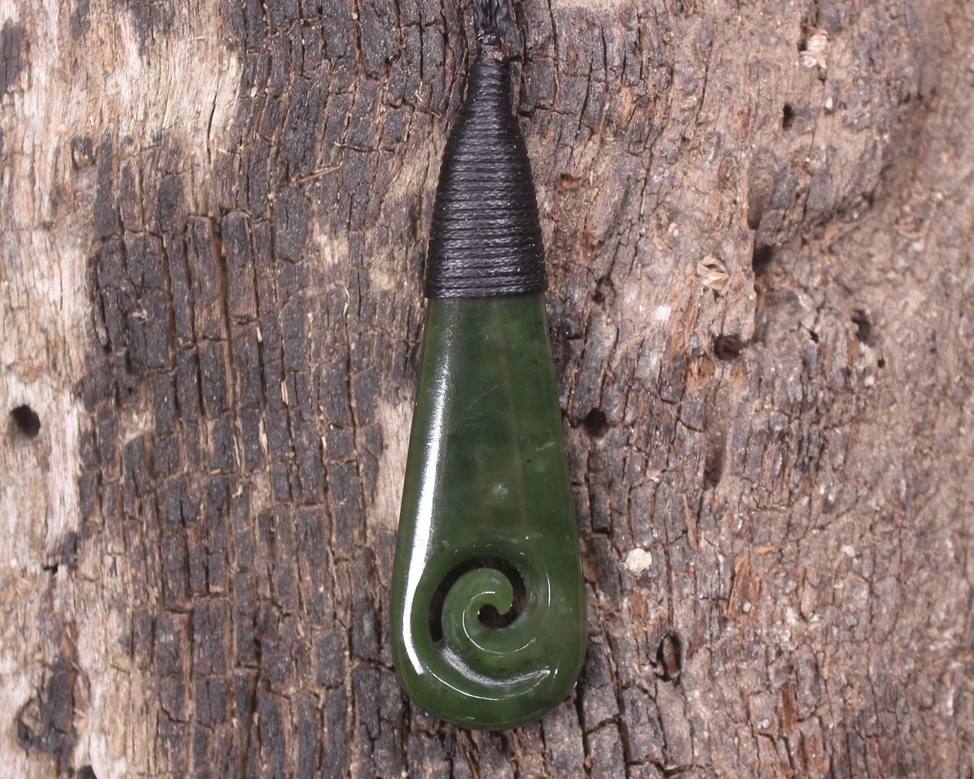 Roimata or Teardop with Koru carved from Kawakawa Pounamu - NZ Greenstone