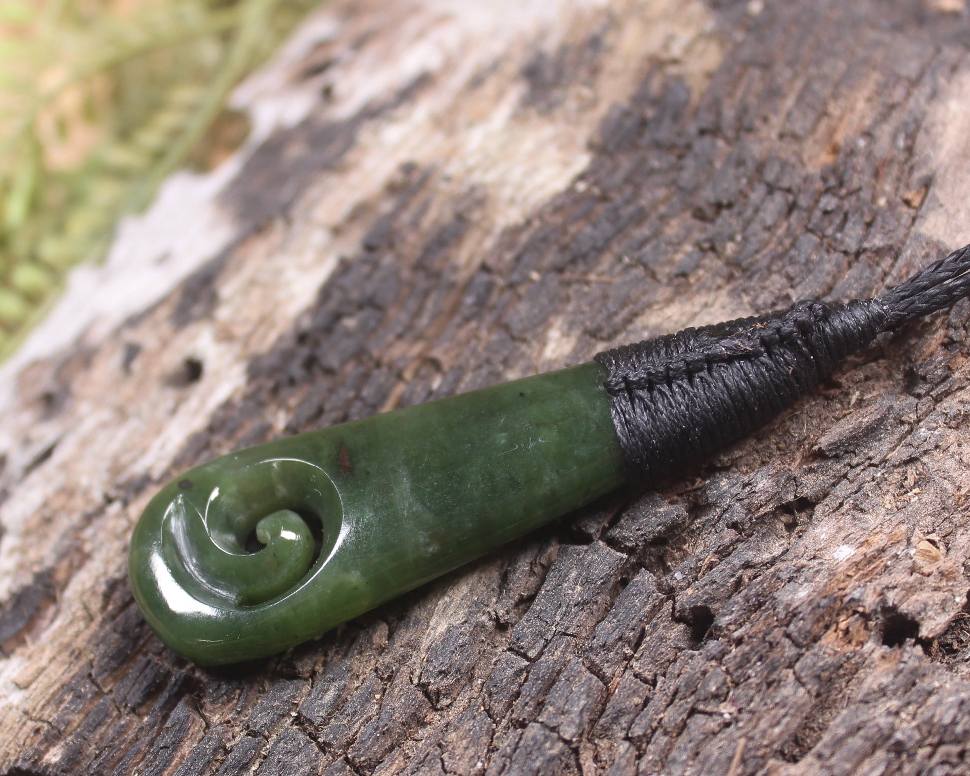 Roimata or Teardop with Koru carved from Kawakawa Pounamu - NZ Greenstone