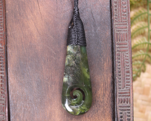 Roimata or Teardop with Koru carved from Rimu Pounamu - NZ Greenstone
