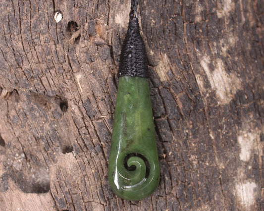 Roimata or Teardop with Koru carved from Kawakawa Pounamu - NZ Greenstone