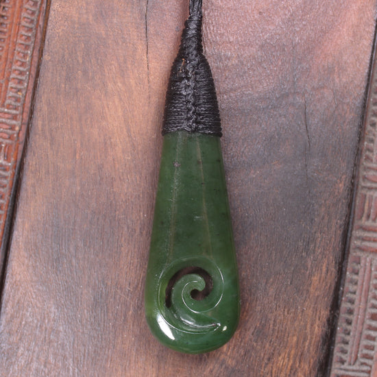 Roimata or Teardop with Koru carved from Kawakawa Pounamu - NZ Greenstone