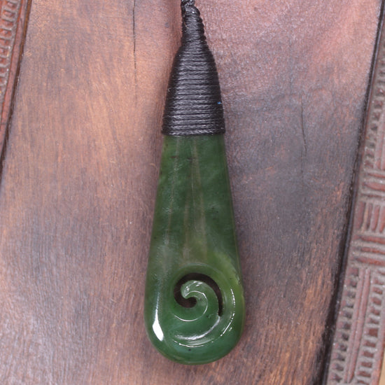 Roimata or Teardop with Koru carved from Kawakawa Pounamu - NZ Greenstone