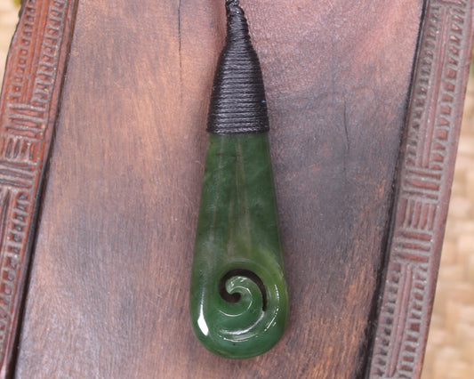 Roimata or Teardop with Koru carved from Kawakawa Pounamu - NZ Greenstone