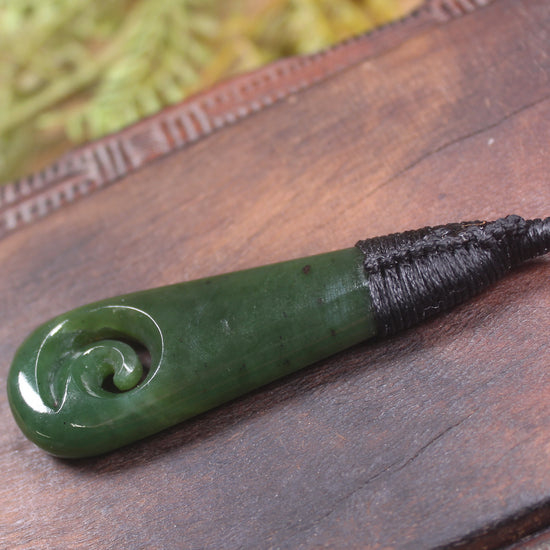 Roimata or Teardop with Koru carved from Kawakawa Pounamu - NZ Greenstone