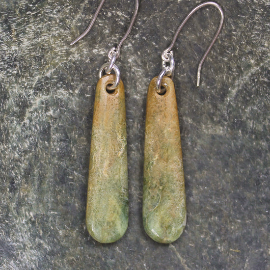 Roimata or Teardrop earrings carved from Flower Jade Pounamu - NZ Greenstone